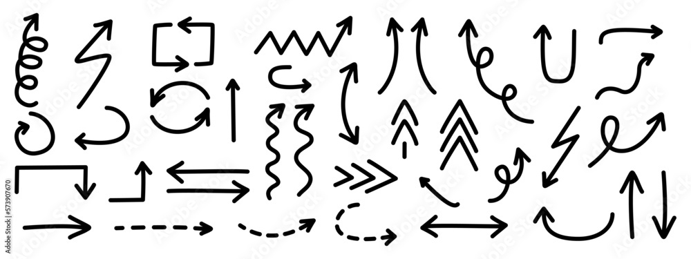 Poster Set of hand-drawn arrows. Collection of hand drawn arrows on isolated background. Arrow mark icons. Vector illustration EPS 10