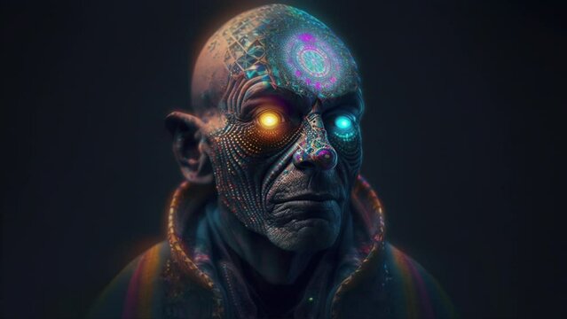 Psychedelic Monk Entity in DMT LSD Trip: All-Knowing Wise Figure on Seamless Loop