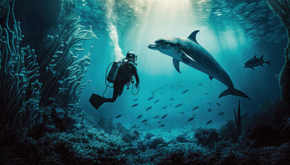 person scuba diving in coral reef with dolphins and fish