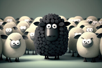 black sheep in middle of white sheep. different concept. generative ai