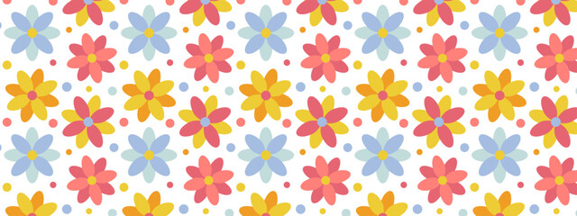 Fototapeta na wymiar Bright flowers with colorful petals on white background. Seamless pattern for nursery, clothes, textiles, wrapping paper, postcards. Cute spring, summer background. Vector cartoon illustration