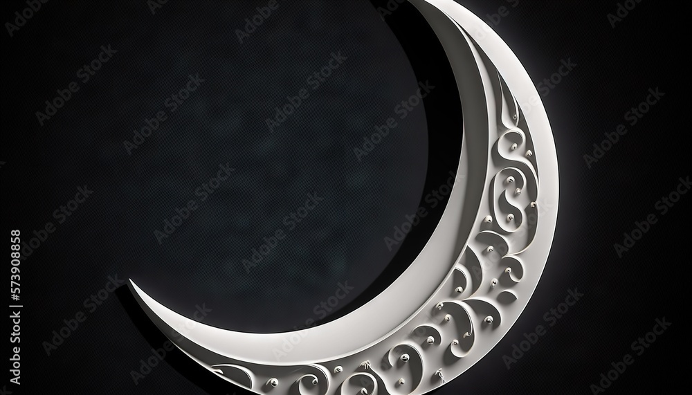 Fototapete  a white crescent shaped object with intricate designs on it's side, against a black background, with the moon in the middle of the picture.  generative ai