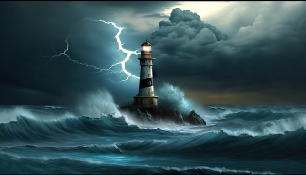  a lighthouse in the middle of the ocean with a lightning bolt in the sky above it and a dark cloud filled sky above the lighthouse.  generative ai