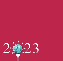 Naklejka premium 2023 numbers and paper in shape of light bulb