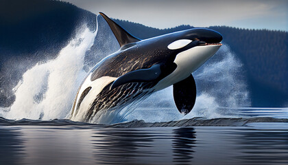 Orca Breaching in Arctic Ocean - obrazy, fototapety, plakaty