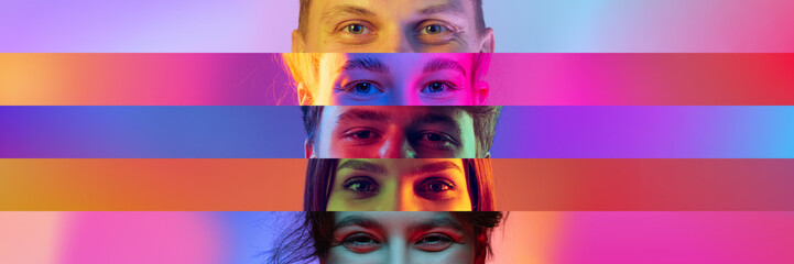 Collage. Smiling look. Human eyes places in narrow stripes of multicolored background in neon...