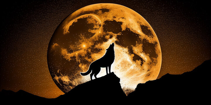 silhouette Wolf at the moon, Generative AI