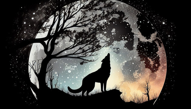 silhouette Wolf at the moon, Generative AI