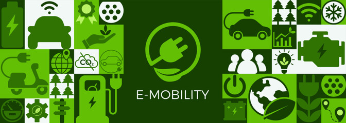 E mobility or electromobility vector illustration. Concept with symbols for eco friendly transportation, vehicle battery and charging, e car technology, and electric or hybrid vehicles. Vector banner.
