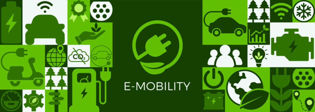 E mobility or electromobility vector illustration. Concept with symbols for eco friendly transportation, vehicle battery and charging, e car technology, and electric or hybrid vehicles. Vector banner.
