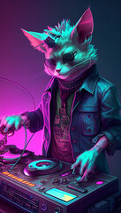 Cat DJ in action. Anthropomorphic animal having fun at the trendy club night party. International Music Day. Ai generated.
