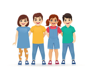 Cute different kids boys and girls standing hugging together isolated vector illustration