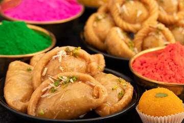 Gujia Also Called Gujiya, Pirukiya, Pirukia, Pedakiya, Karanji, Basundi Or Gughra Stuffed With Mawa, Khoya, Chasni, Mava, Khoa - Indian Sweet Dumpling Enjoyed On Deepawali, Teez, Holi, Diwali And Teej