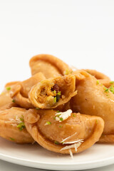 Gujia Also Called Gujiya, Pirukiya, Pirukia, Pedakiya, Karanji, Basundi Or Gughra Stuffed With Mawa, Khoya, Chasni, Mava, Khoa - Indian Sweet Dumpling Enjoyed On Deepawali, Teez, Holi, Diwali And Teej