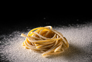 Uncooked traditional hand - rolled durum wheat pasta Pici of Tuscany, black background and flour in studio light, macro photo of pasta pici and selective focus