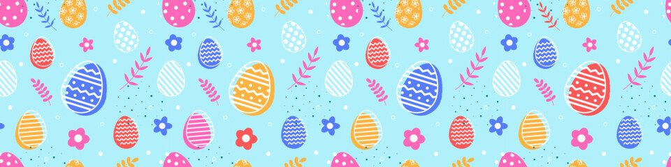 Easter egg with flowers on blue background. Design of a seamless pattern. Banner. Vector illustration