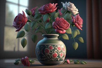 Bouquet of beautiful roses in a vase on the table. AI generative.