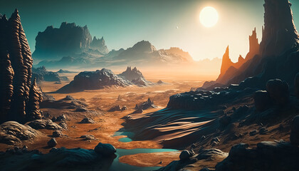Extraterrestrial landscape scenery of alien planet, Generative AI