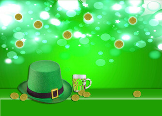 Sombrero, cerveza y monedas sobre fondo verde iluminado. San Patricio