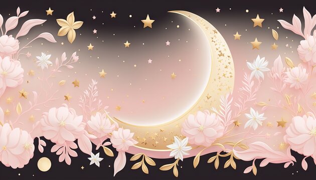  a pink and gold floral background with a crescent moon and stars on the side of the moon with a black background with gold stars and pink flowers.  generative ai