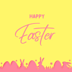 Easter greeting card with eggs and flowers. Paper cut style design. Vector illustration