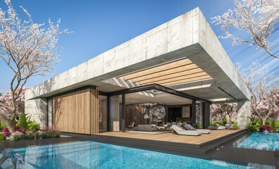 3d rendering of new concrete house in modern style with pool and parking for sale or rent and beautiful landscaping on background. Fresh spring day with a blooming trees with flowers of sakura.