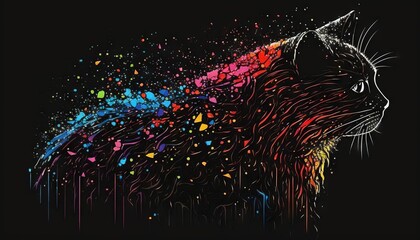  a cat with a rainbow tail and a black background with sprinkles of paint on it's face and a black background with a black background with multi - colored spots.  generative ai