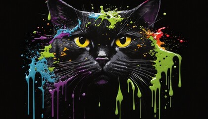  a black cat with yellow eyes and multicolored paint splattered on it's face and face, with a black background of multi - colored drops of paint.  generative ai