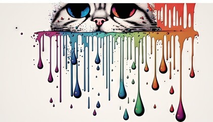  a cat's face with a rainbow drips of paint on it's face and a cat's face in the background.  generative ai