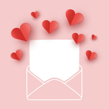 Love concept for Valentine’s Day. Envelope with hearts. Paper cut decoration. Design for Valentine’s Day. Vector illustration
