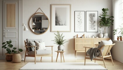  a living room with a lot of plants and pictures on the wall and a rug on the floor with a chair and a table with a potted plant.  generative ai
