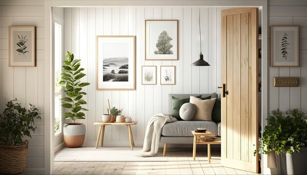  a living room with a couch, table, and pictures on the wall and a potted plant in the corner of the room on the floor.  generative ai