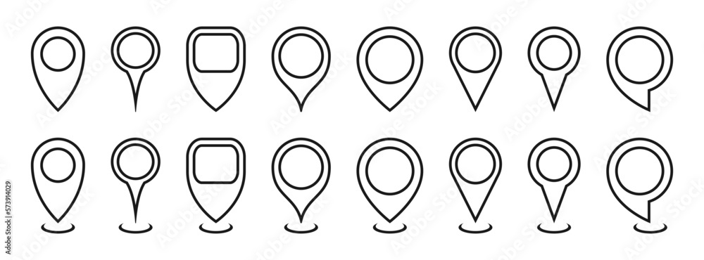 Leinwandbilder Map location pointers set. Outline map pin or navigation pointer. Various shapes navigation pin that mark geolocation. Line location icon. Vector illustration.