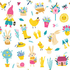 Fototapeta premium Seamless pattern with spring elements. Vector illustrations