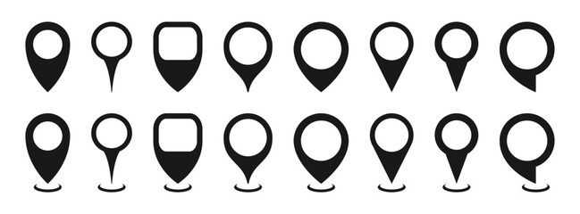 Map location pointers set. Map pin or navigation pointer. Various shapes navigation pin that mark geolocation. Location icon. Vector illustration.
