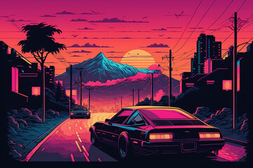 city long road with beautiful neon retrowave style