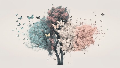 Obraz na płótnie Canvas a group of butterflies flying around a tree with a white background and a pink and blue tree with a butterfly on the top of it. generative ai