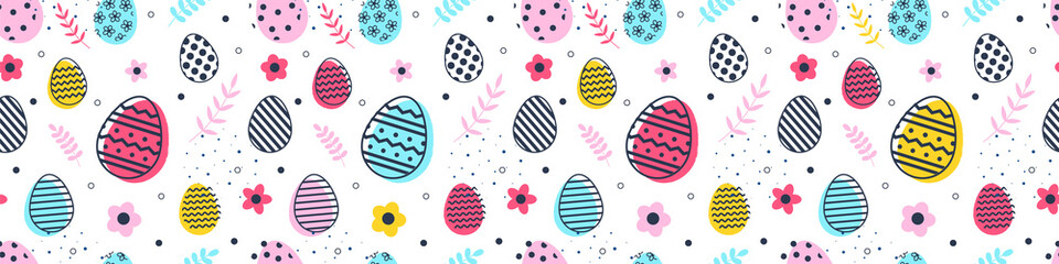 Transparent Easter banner with eggs and flowers. Seamless pattern. PNG illustration