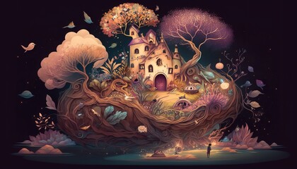 Whimsical and Dreamy Illustration with a Magic Fantasy World. AI generative.