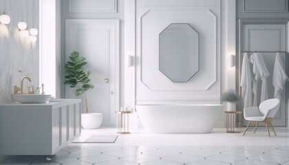  a white bathroom with a tub, sink, mirror and a chair in it with a plant in the corner of the room and a mirror on the wall.  generative ai