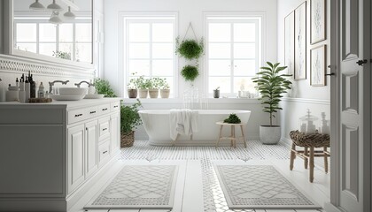  a bathroom with a tub, sink, toilet, and potted plants on the wall and floor in the corner of the room, and a large window with a potted plant in the corner.  generative ai