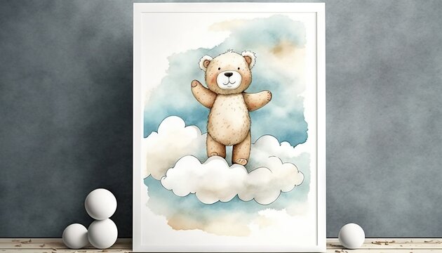  a picture of a teddy bear on a cloud with a blue sky and white clouds in the background and a white ball on the floor.  generative ai