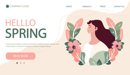 International women's day concept. Home page banner. Beautiful women with flowers in cartoon flat style.