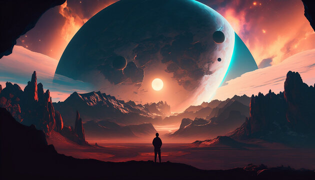 Alone on a desolute planet starring into the sunset of 5 planets