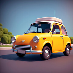 cute small yellow retro car, luggage on top, 3d cartoon. Generative AI