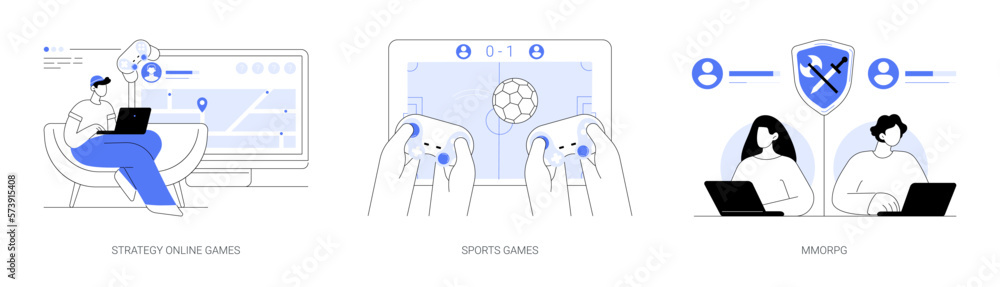 Poster playing computer games abstract concept vector illustrations.