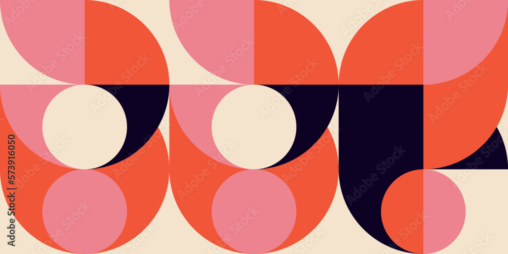 Leinwandbilder Geometric abstract vector background with circles, rectangles and squares in retro Bauhaus style. Pastel colored simple shapes graphic pattern.