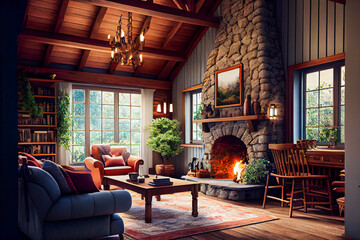  Chalet Cozy Interior  and Fireplace.  Modern Cottage Living Room Decor with Wood Wall and Furniture. Rustic Home Design.  Generative AI.