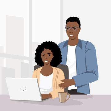 Vector illustration of a black woman and a man working on a laptop in the office. The concept of a successful office worker, working day, management, team.