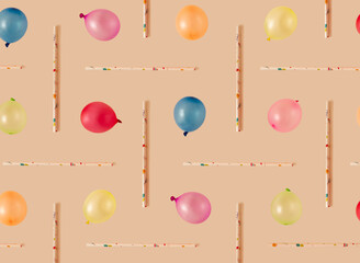 Pink, blue, yellow, green, purple, orange and red baloons with colorful drinking tubes on beige background. Party and unique concept. Flat lay. Top view.